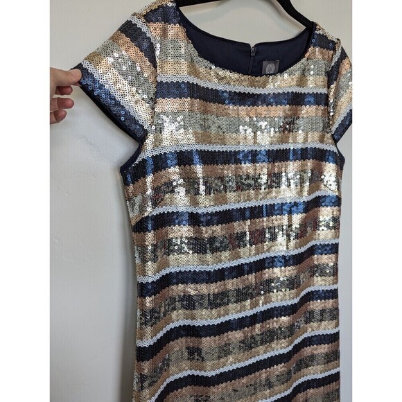 Vince Camuto Sequin Dress Womens Size 12 Navy Blue Gold Stripe - Picture 4 of 12